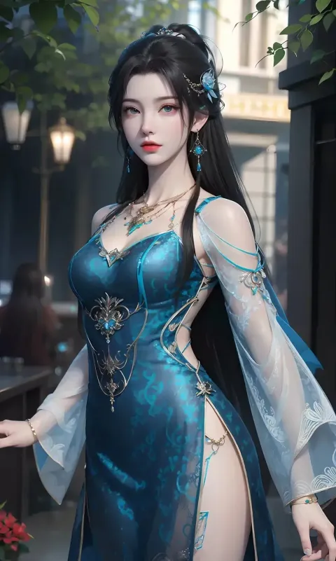 一个身穿蓝色连衣裙、留着黑色长发的女人的特写