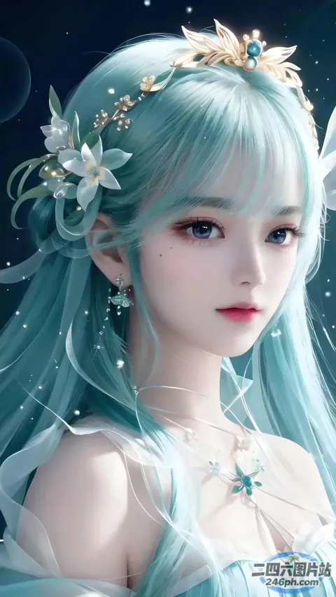 一个蓝头发、头发上插着一朵花的女人的特写