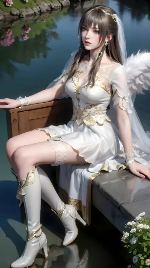 身穿白色连衣裙的阿拉夫妇女坐在池塘边的长椅上