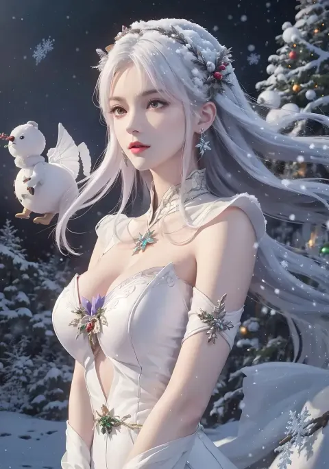 一个穿着白色连衣裙的女人抱着一只鸟的特写