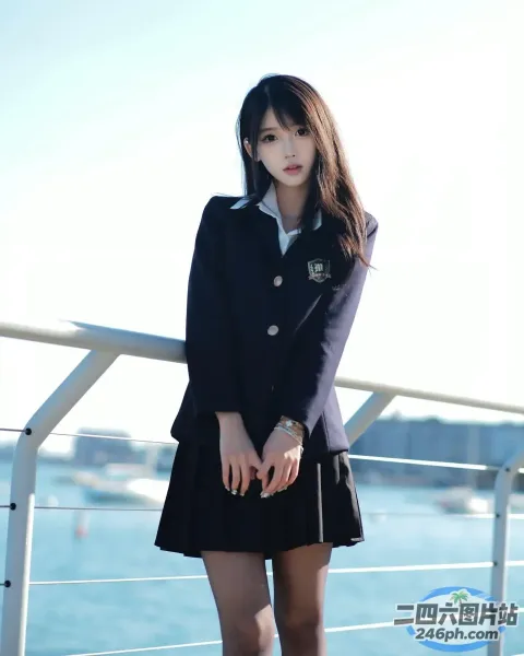 穿着黑色裙子和夹克的 Arafed 女人站在栏杆上