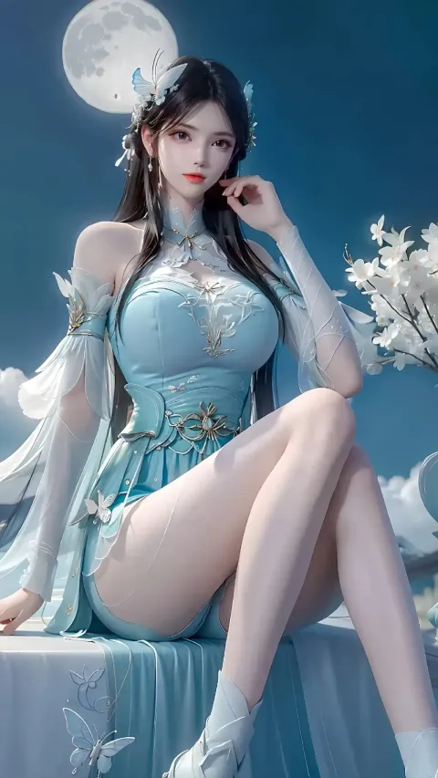 身穿蓝色连衣裙的阿拉夫女人坐在桌子上，背景是满月