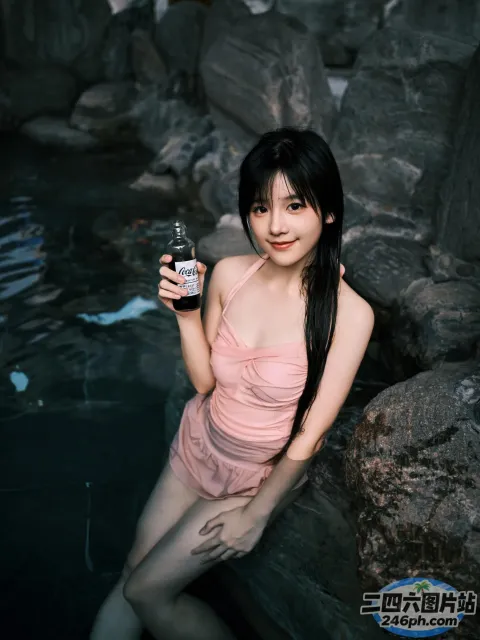 身穿粉红色连衣裙的 araffe 女子，手里拿着一瓶啤酒