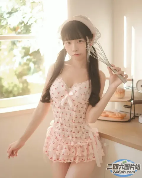 有个身穿粉色连衣裙的女人拿着一个拂蛋