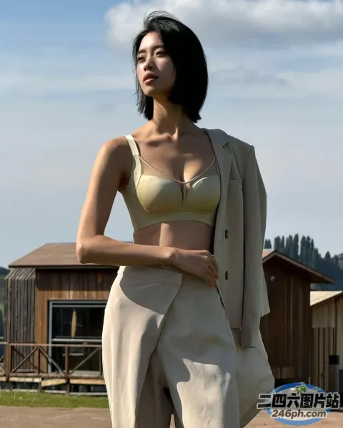 一个穿着棕褐色上衣和裤子的女人站在一栋建筑前