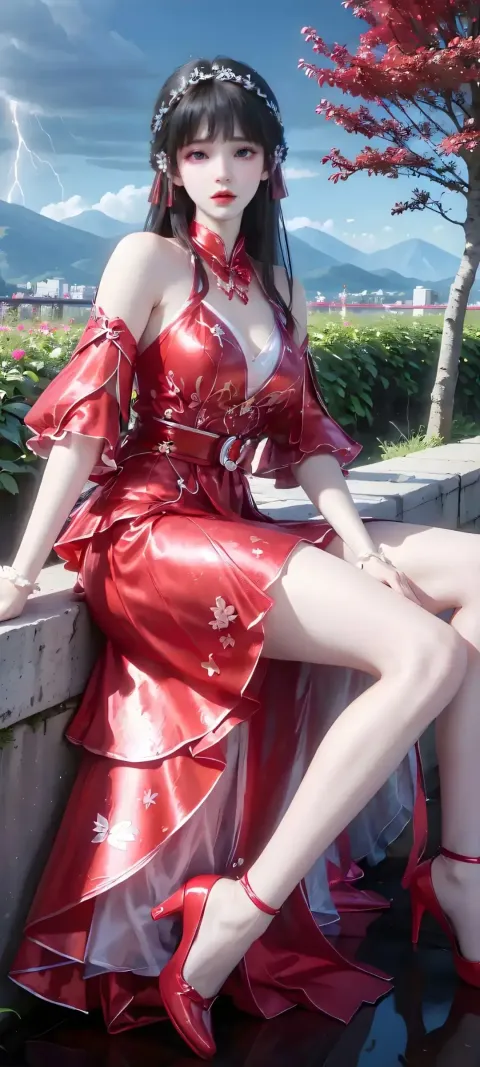 穿红裙的动漫女孩坐在壁架上，背景是一棵红树