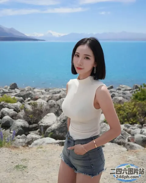 一个女人站在海边的岩石海滩上