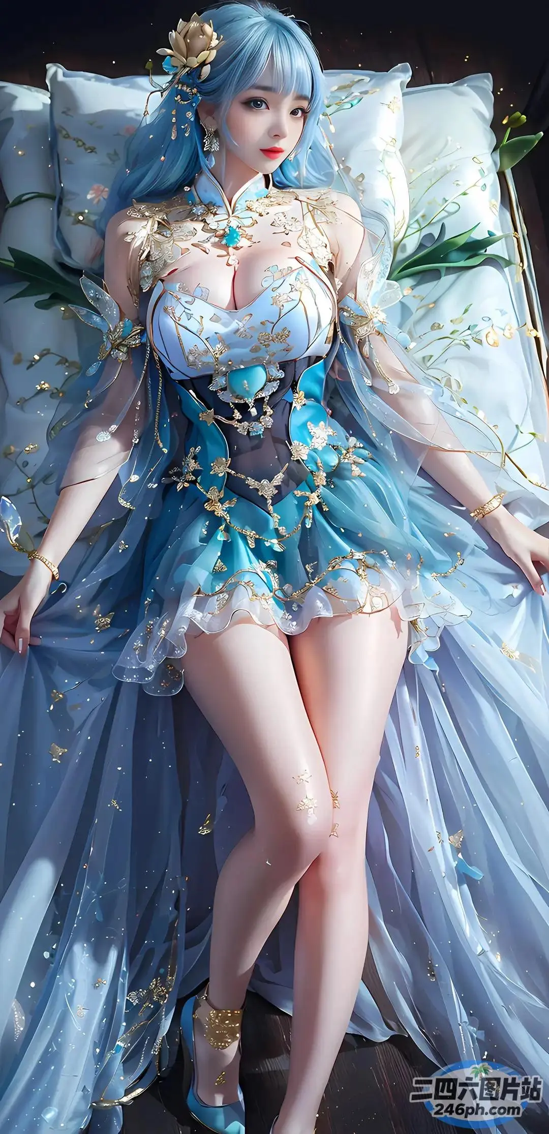 床上躺着一个穿着蓝色连衣裙的女人