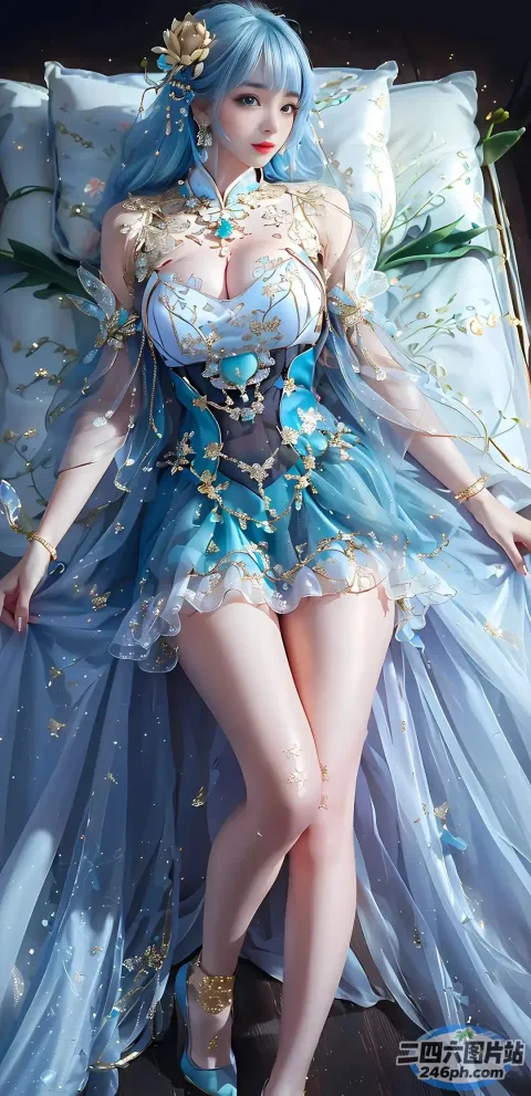 床上躺着一个穿着蓝色连衣裙的女人