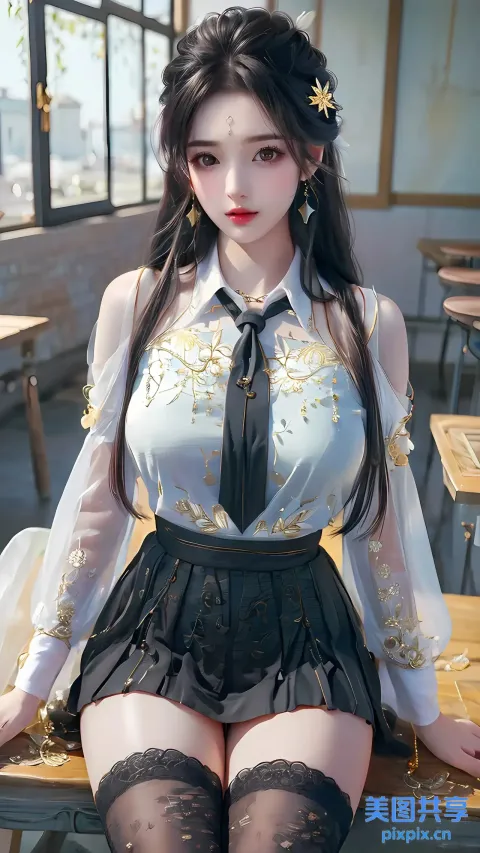 有一个女人穿着裙子打着领带坐在长凳上