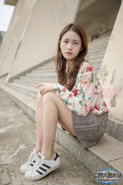 一名双腿交叉坐在台阶上的妇女