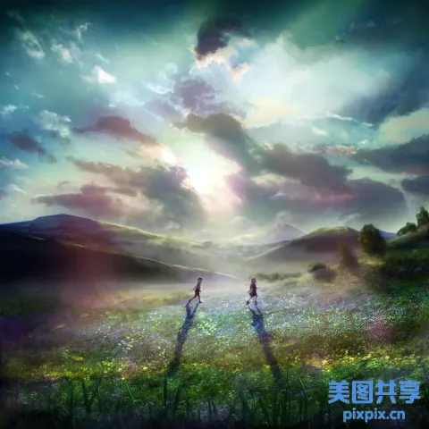 两个人在天空背景的田野里行走的动漫场景