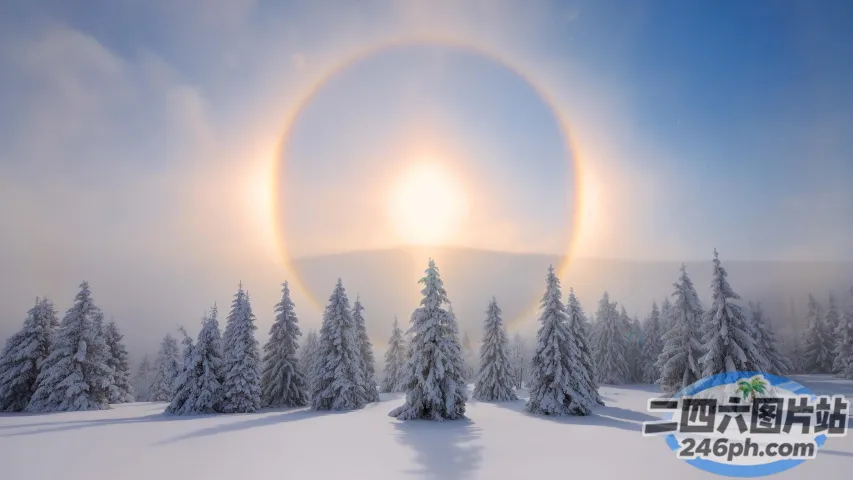白雪皑皑的森林上天空中彩虹的 arafed 图像