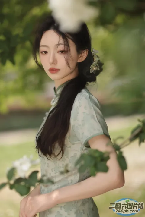 一个穿着裙子的女人站在树下的特写