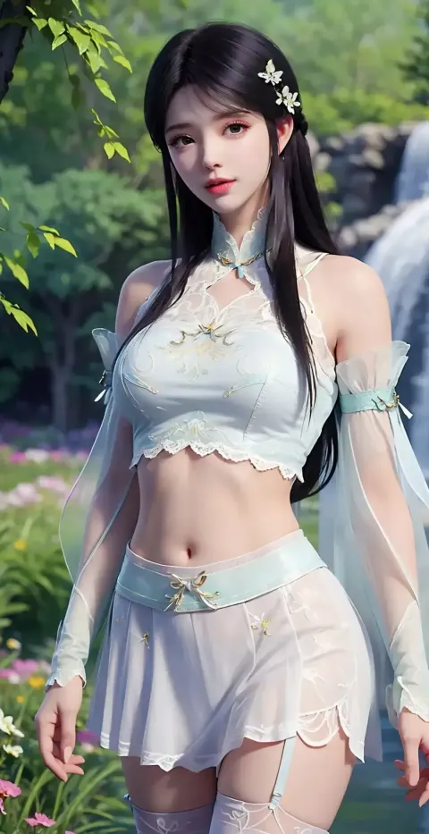 身着白色服装的阿拉菲亚洲女人在瀑布前摆姿势