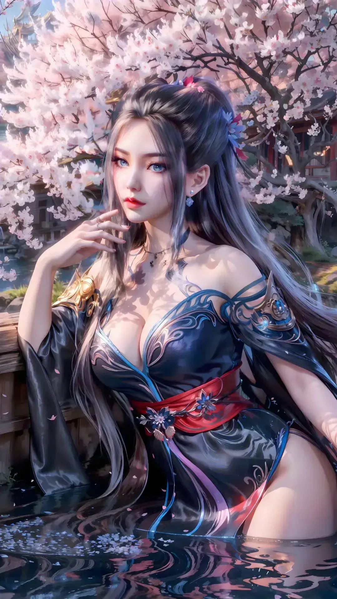 一个穿着黑色连衣裙的女人坐在水体里