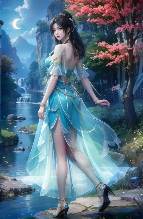 一个身穿蓝色连衣裙的女人正在走过一条小溪