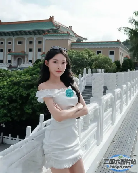身穿白色连衣裙的 Araffe 女子在桥上摆姿势，上面有一朵蓝色的花朵