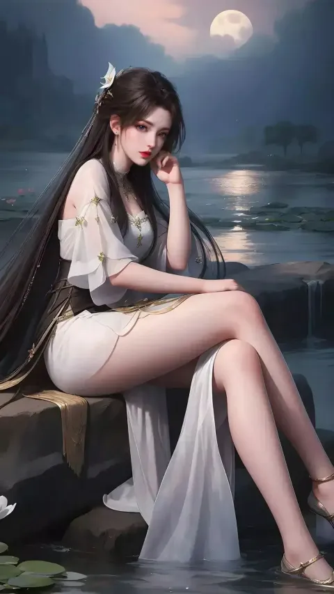 一个女人坐在湖里的岩石上的画