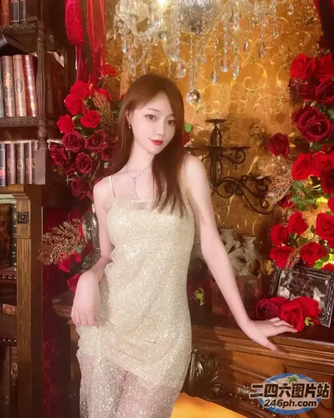 身穿白色连衣裙的 araffe 女子站在摆满鲜花的桌子前