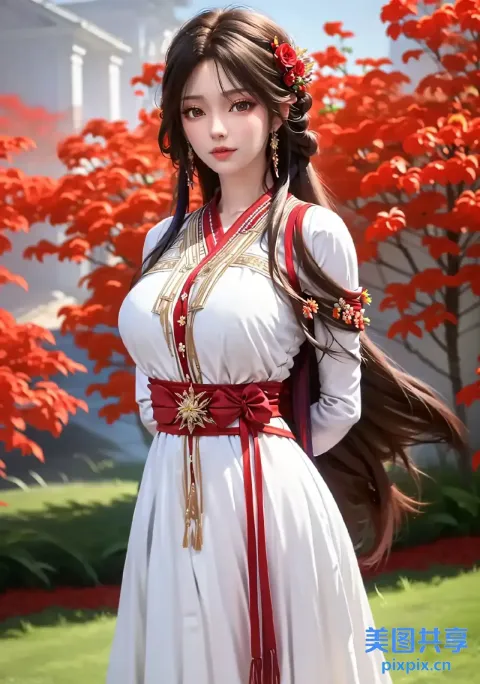 一个身穿白色连衣裙、系着红色腰带的女人的特写