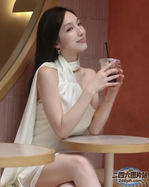 有个女人坐在桌子旁，手里拿着一杯饮料