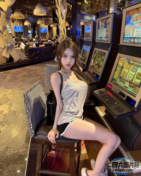 一名女子坐在老虎机前的椅子上