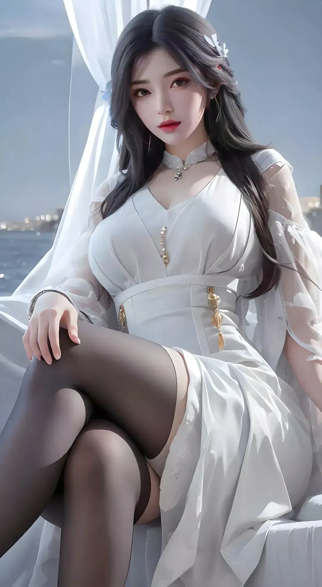 阿拉菲 亚洲女人 身穿白裙 坐在船上