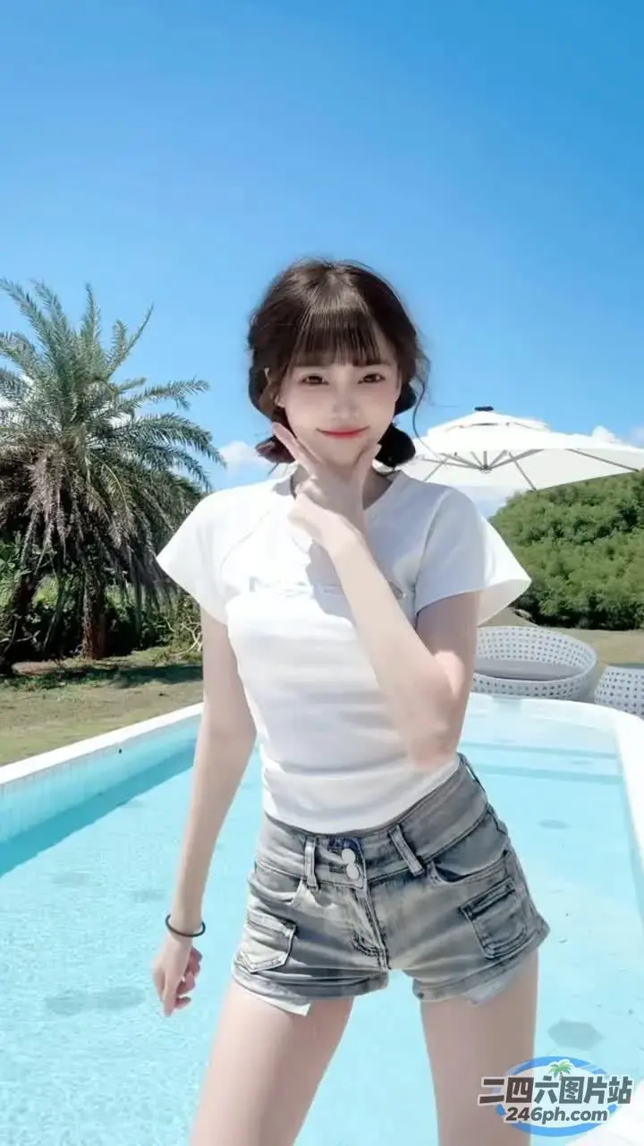 一个女人站在游泳池旁边，背景是一把伞