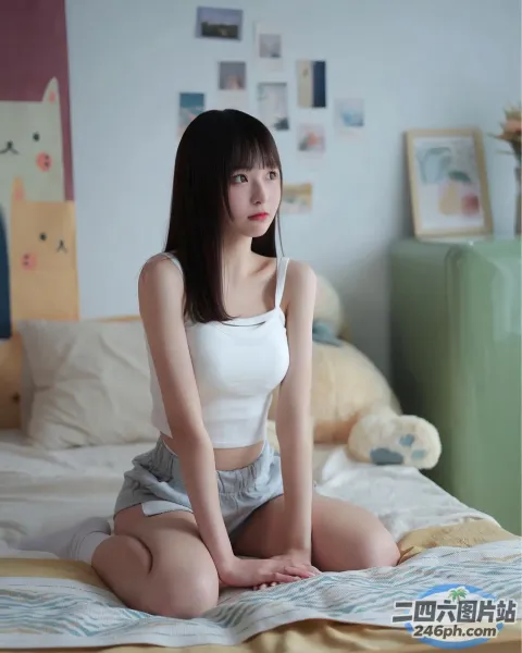 阿拉伯裔亚洲女子 穿着白色背心坐在床上