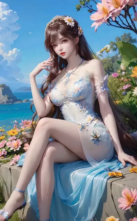 一个坐在岩石上的女人，头发上插着鲜花
