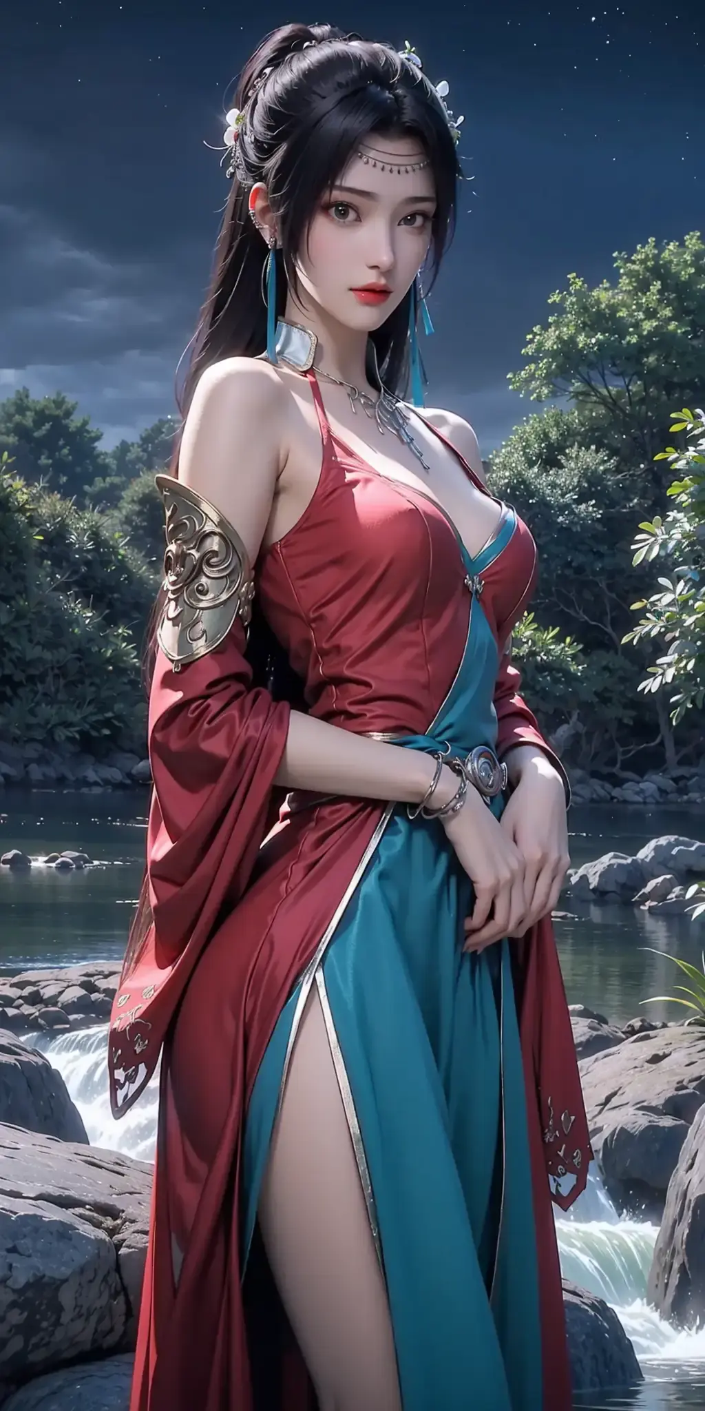 河边一个穿着红色连衣裙的女人的特写