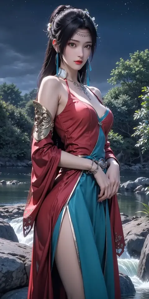 河边一个穿着红色连衣裙的女人的特写