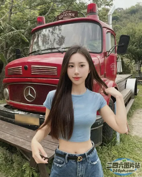 身穿蓝色衬衫和牛仔裤的 Arafed 亚洲女子站在一辆红色卡车前