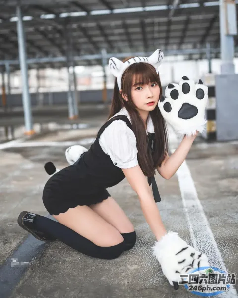 身穿黑白服装的 araffe 女孩，手里拿着猫枕头