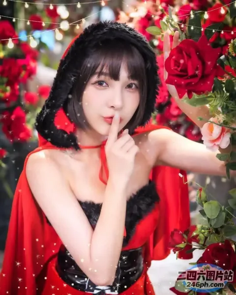 身穿红色斗篷和黑色连衣裙的 araffe 女孩合影留念