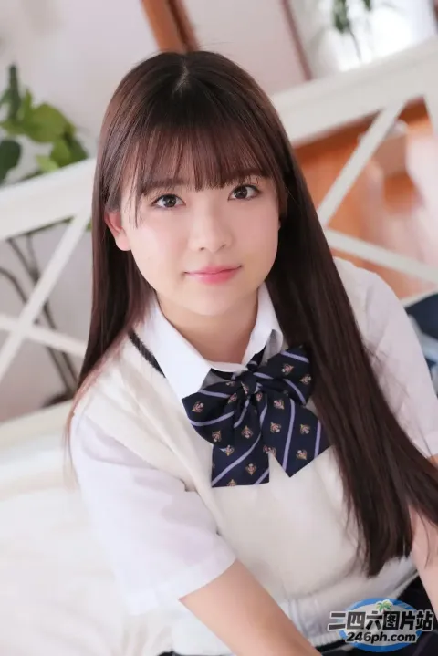 身穿白衬衫和蓝色裙子的亚洲女子坐在床上