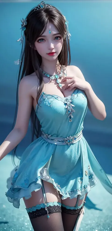 一个穿着蓝色连衣裙的女人摆姿势拍照的特写