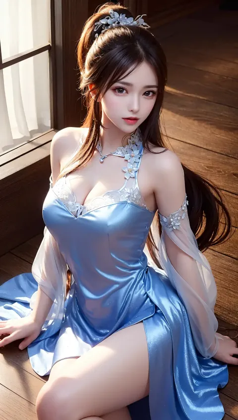 阿拉夫 （Araffe） 穿着蓝色连衣裙的亚洲女人坐在地板上