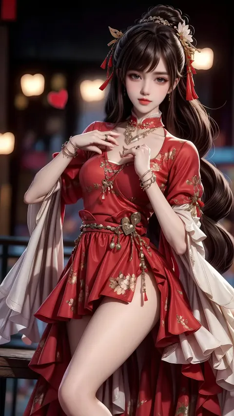 一个身穿红色连衣裙的女人摆姿势拍照的特写