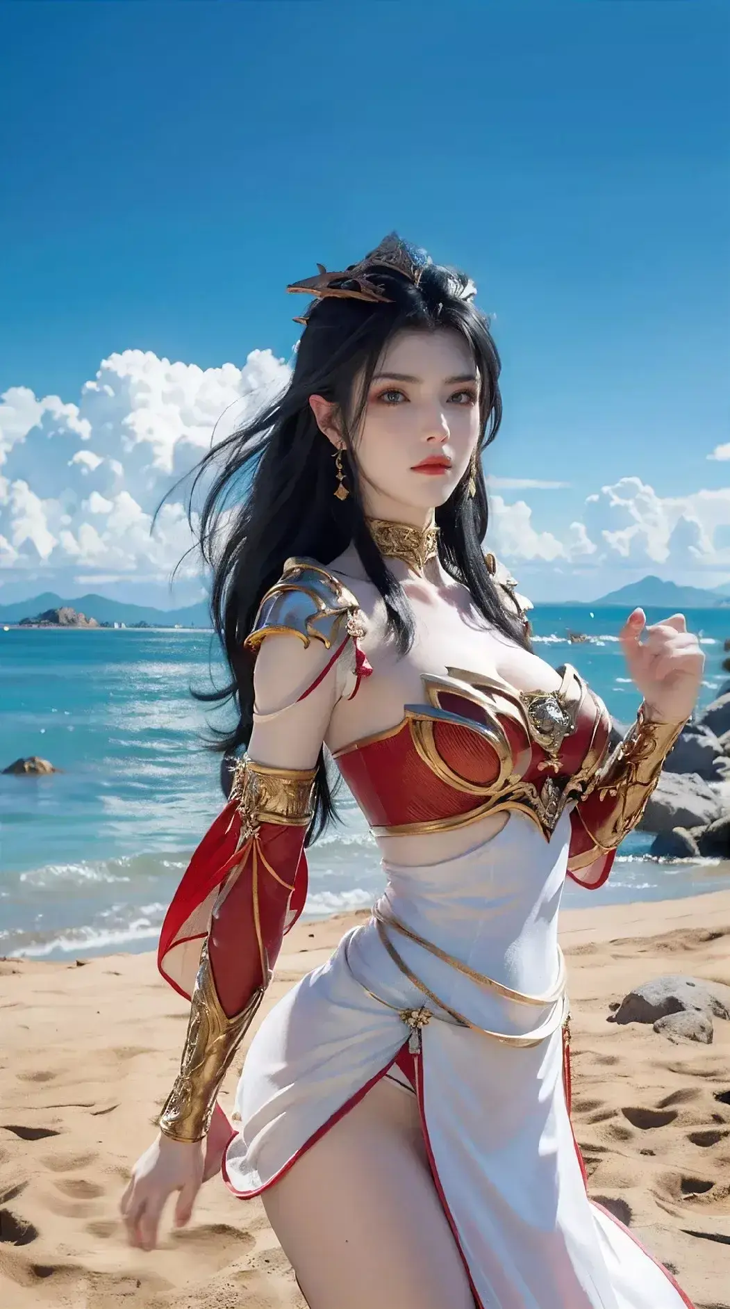 海滩上穿着白色和红色连衣裙的女人