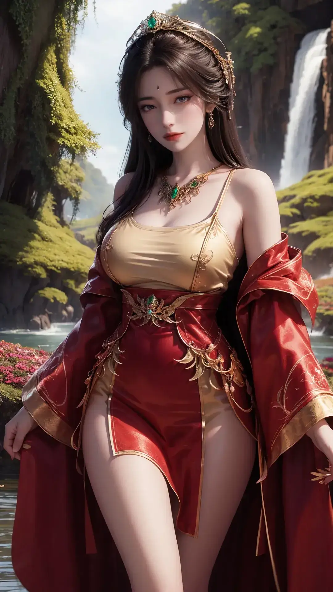 一个身穿红色和金色服装的女人站在瀑布前