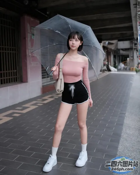 人行道上站着一个女人，手里拿着一把伞