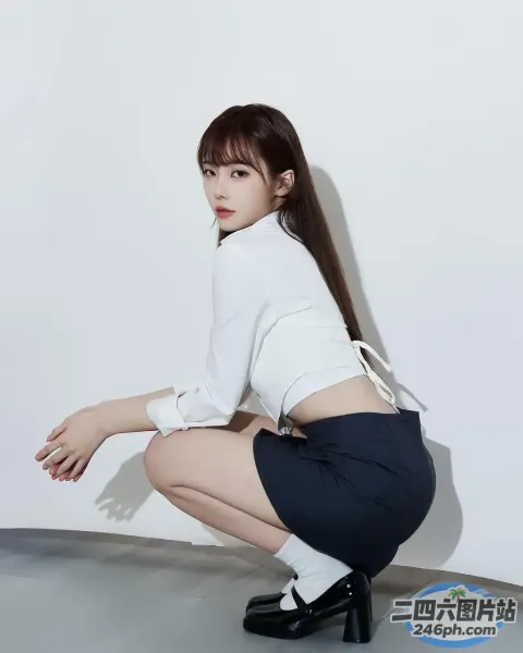 身穿白衬衫和黑色裙子的 araffe 女孩蹲下