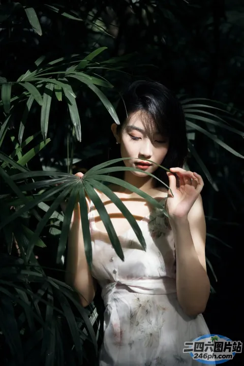 穿着白色连衣裙的阿拉夫德女人，手里拿着一片绿叶