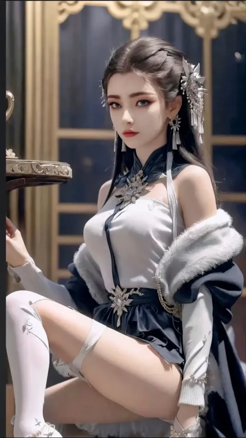 一个穿着连衣裙和丝袜摆姿势的女人的特写