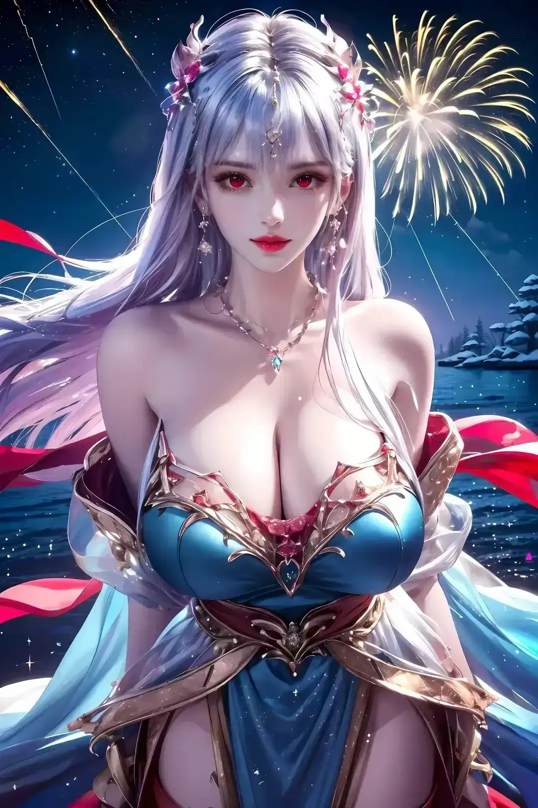 长发蓝裙女子在烟花前摆姿势