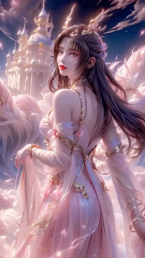 动漫女孩穿着粉红色连衣裙，背景是一匹白马