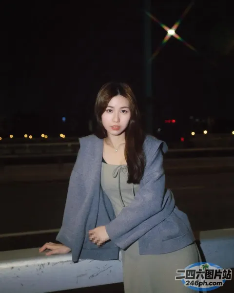 一个穿着灰色连衣裙和蓝色夹克的女人靠在栏杆上