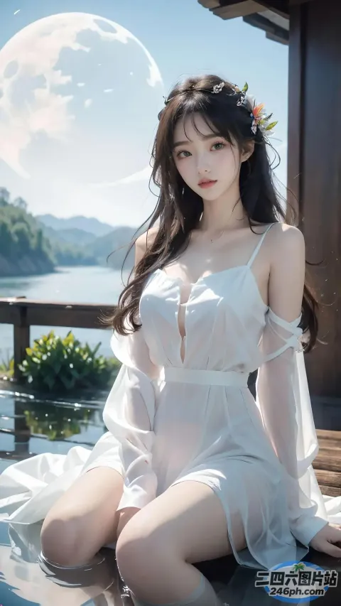 阿拉菲 亚洲女人 身穿白裙 坐在码头上，背景是满月